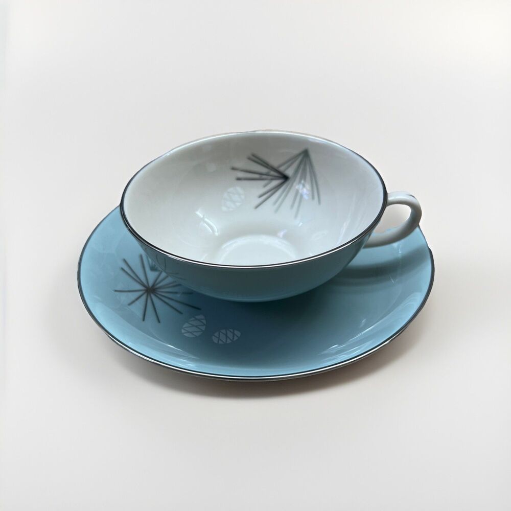 Franciscan SILVER PINE Atomic Cup & Saucer Set, MCM Platinum Rims Vintage